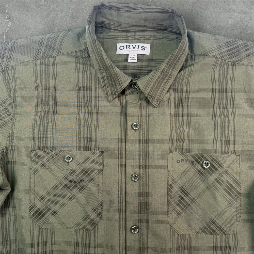 Orvis Men's Large Short‎ Sleeve Woven Tech Button Down Shirt Green Plaid